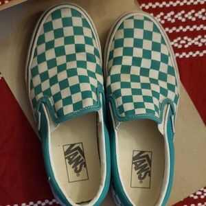 Vans Kids Green and White Checkered Slip-On Sneakers